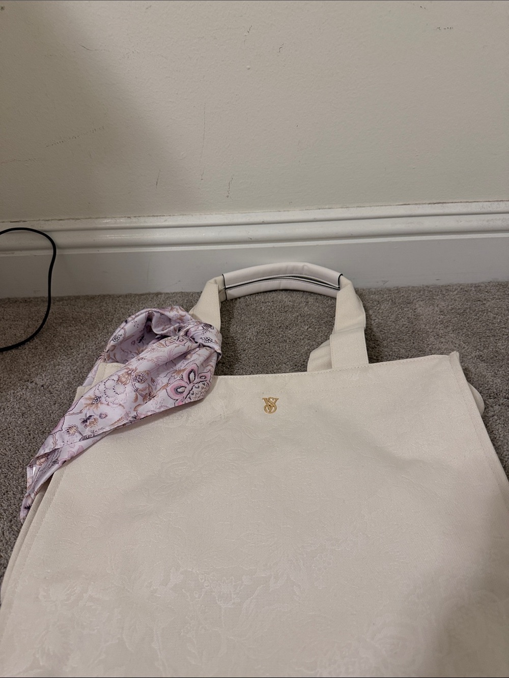 Victora Secret Cream Tote Bag with Decorative Scarf - Women's Fashion Handbag